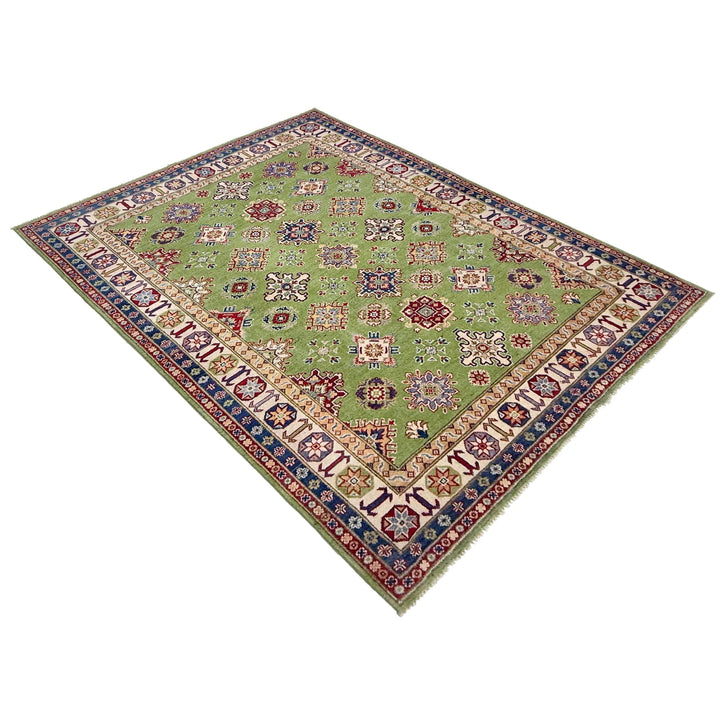 Green Afghan Kazak Rug 5' 7" x 8' 0" Hand-Knotted | No. AL84325