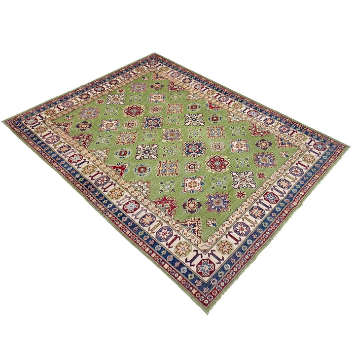 Green Afghan Kazak Rug 5' 7" x 8' 0" Hand-Knotted | No. AL84325
