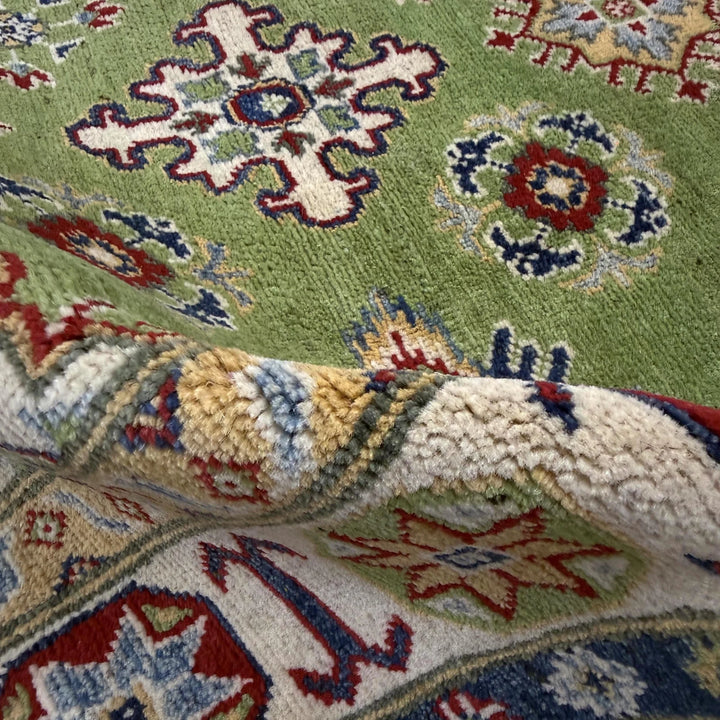 Green Afghan Kazak Rug 5' 7" x 8' 0" Hand-Knotted | No. AL84325