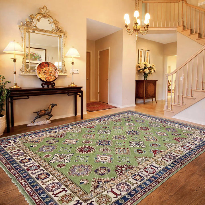 Green Afghan Kazak Rug 5' 7" x 8' 0" Hand-Knotted | No. AL84325