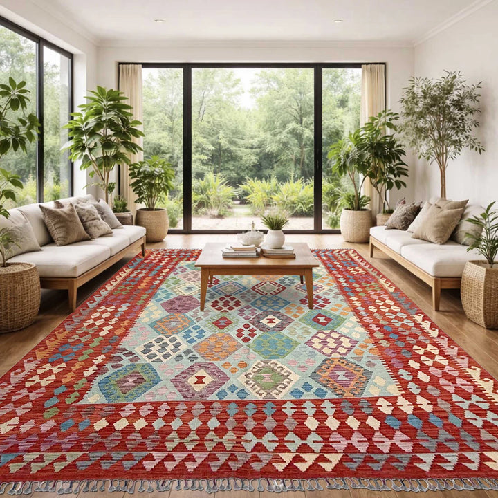 Afghan Vegetable Kilim Rug 7'3" x 9'9" Flat-Weave | No. AL84507