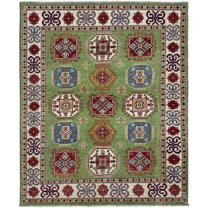 Green Afghan Kazak Rug 4' 11" x 6' 4" Hand-Knotted | No. AL84629