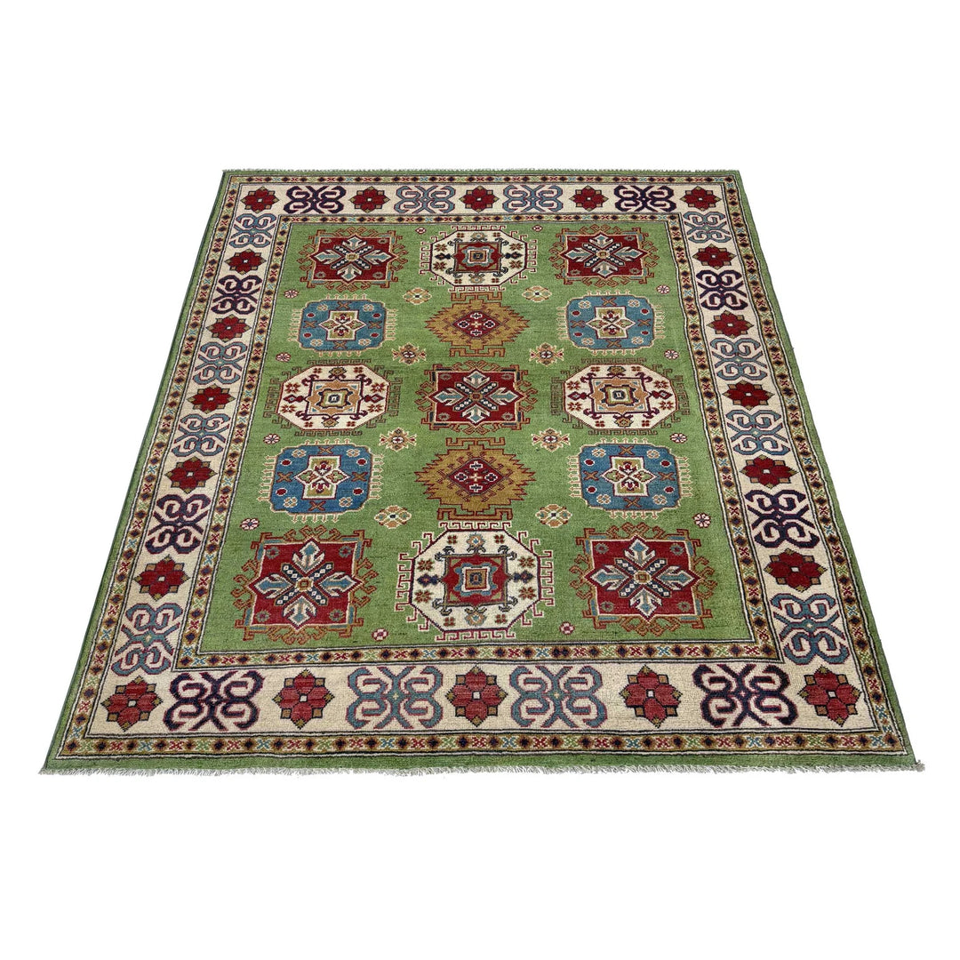Green Afghan Kazak Rug 4' 11" x 6' 4" Hand-Knotted | No. AL84629