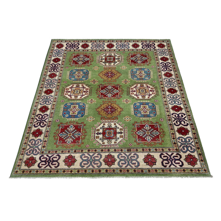 Green Afghan Kazak Rug 4' 11" x 6' 4" Hand-Knotted | No. AL84629