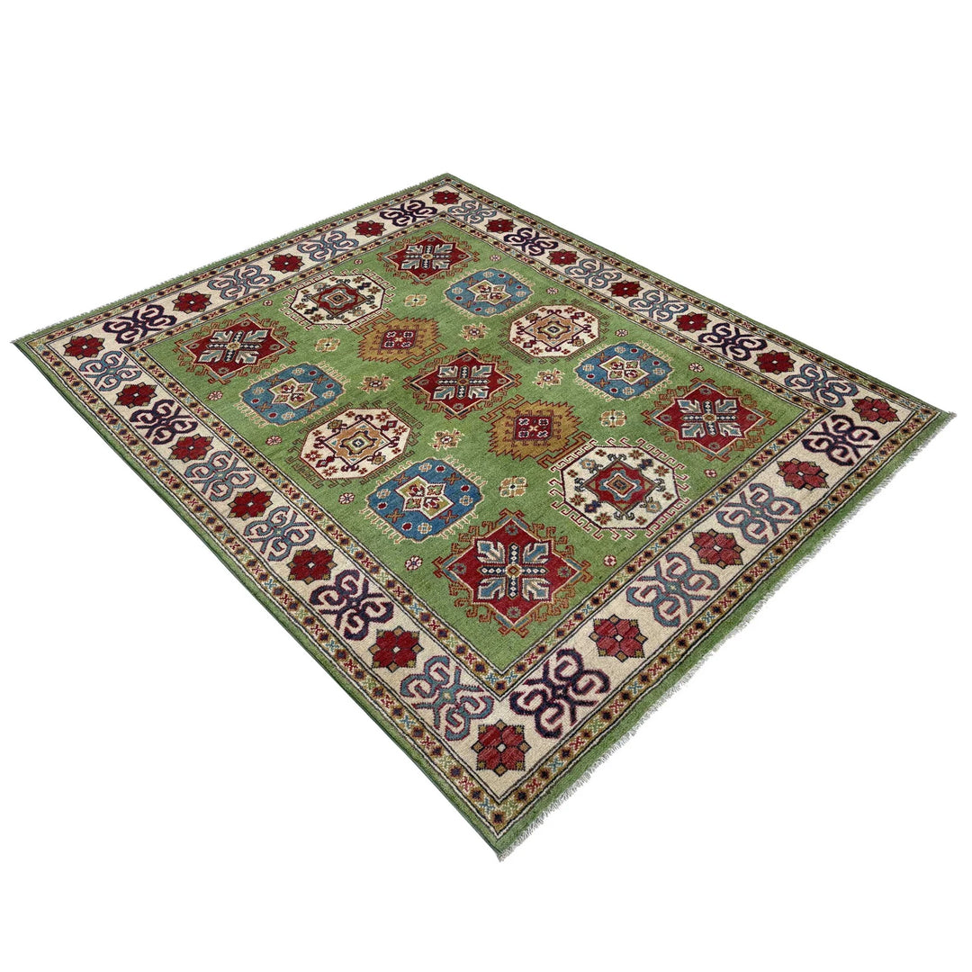 Green Afghan Kazak Rug 4' 11" x 6' 4" Hand-Knotted | No. AL84629