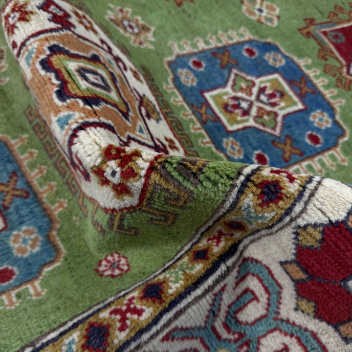 Green Afghan Kazak Rug 4' 11" x 6' 4" Hand-Knotted | No. AL84629