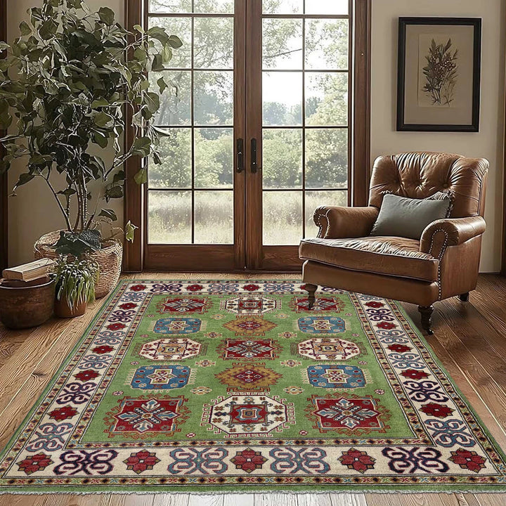 Green Afghan Kazak Rug 4' 11" x 6' 4" Hand-Knotted | No. AL84629