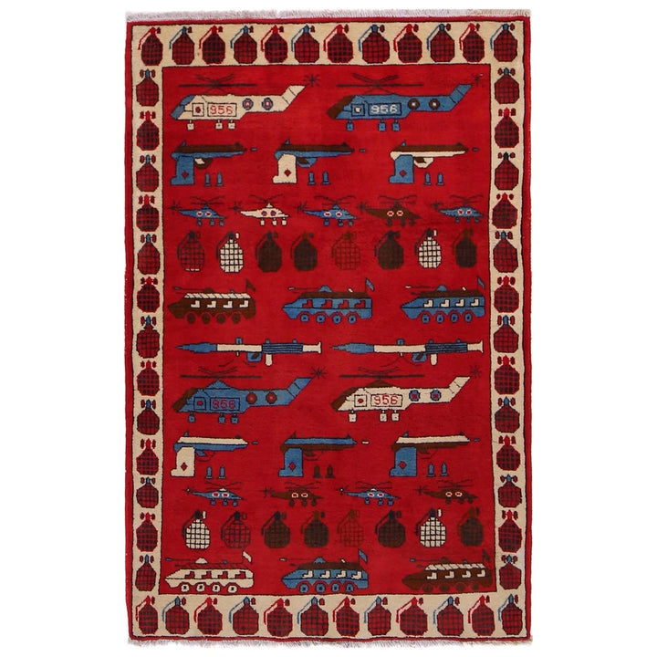 Red Afghan War Rug 3' 4" x 4' 10" Hand-Knotted | No. AL84890