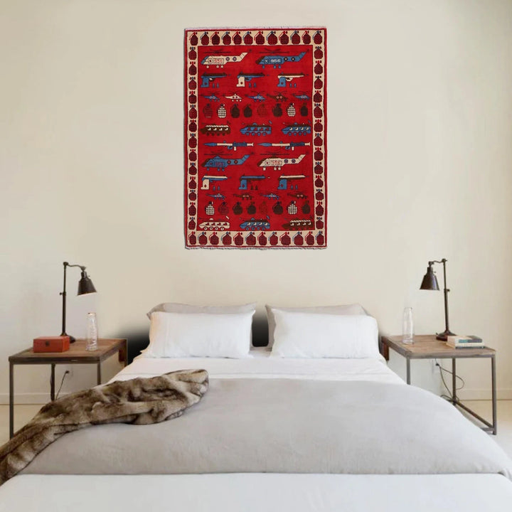 Red Afghan War Rug 3' 4" x 4' 10" Hand-Knotted | No. AL84890