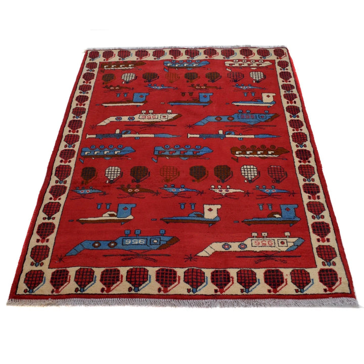 Red Afghan War Rug 3' 4" x 4' 10" Hand-Knotted | No. AL84890