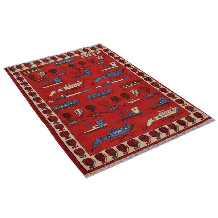 Red Afghan War Rug 3' 4" x 4' 10" Hand-Knotted | No. AL84890