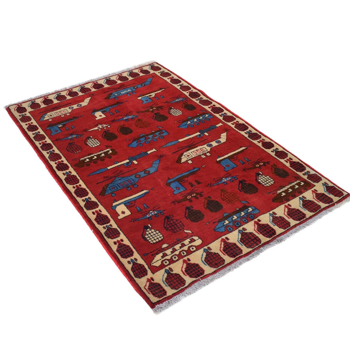 Red Afghan War Rug 3' 4" x 4' 10" Hand-Knotted | No. AL84890