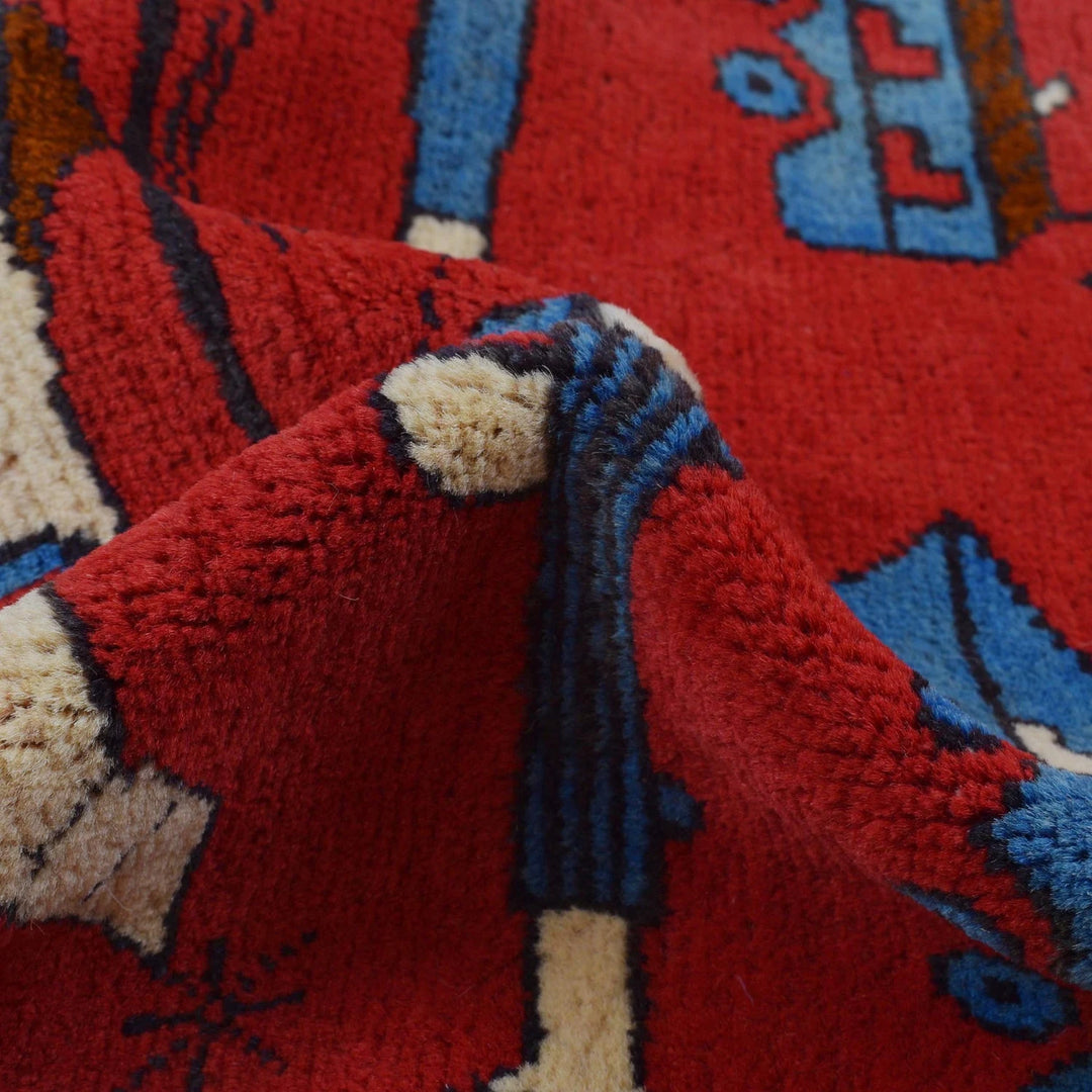 Red Afghan War Rug 3' 4" x 4' 10" Hand-Knotted | No. AL84890