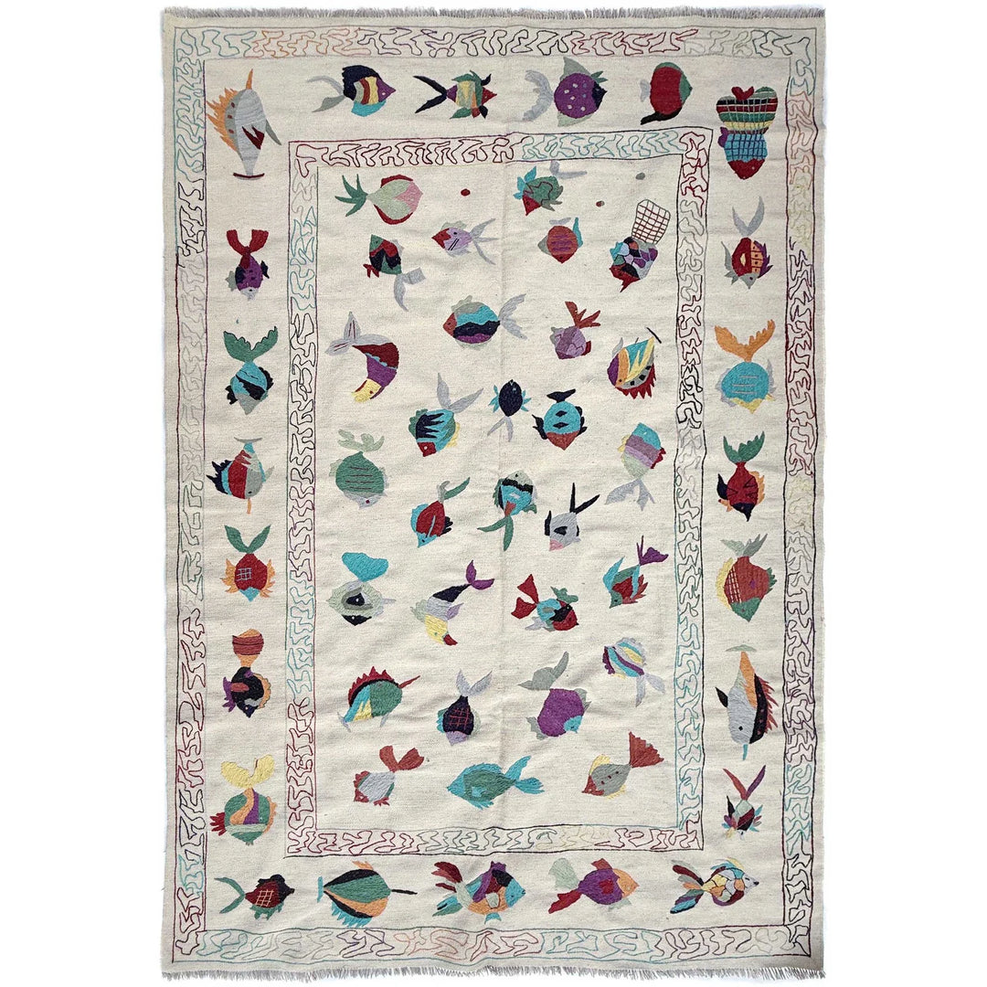 Beige Pakistani Embroidery Kilim Rug 6' 4" x 9' 10" Hand-Knotted | No. AL84891