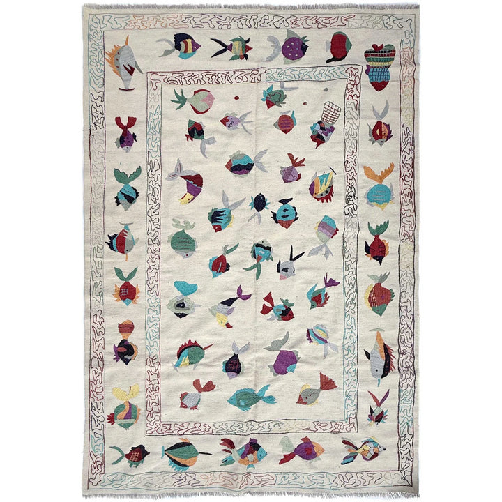 Beige Pakistani Embroidery Kilim Rug 6' 4" x 9' 10" Hand-Knotted | No. AL84891