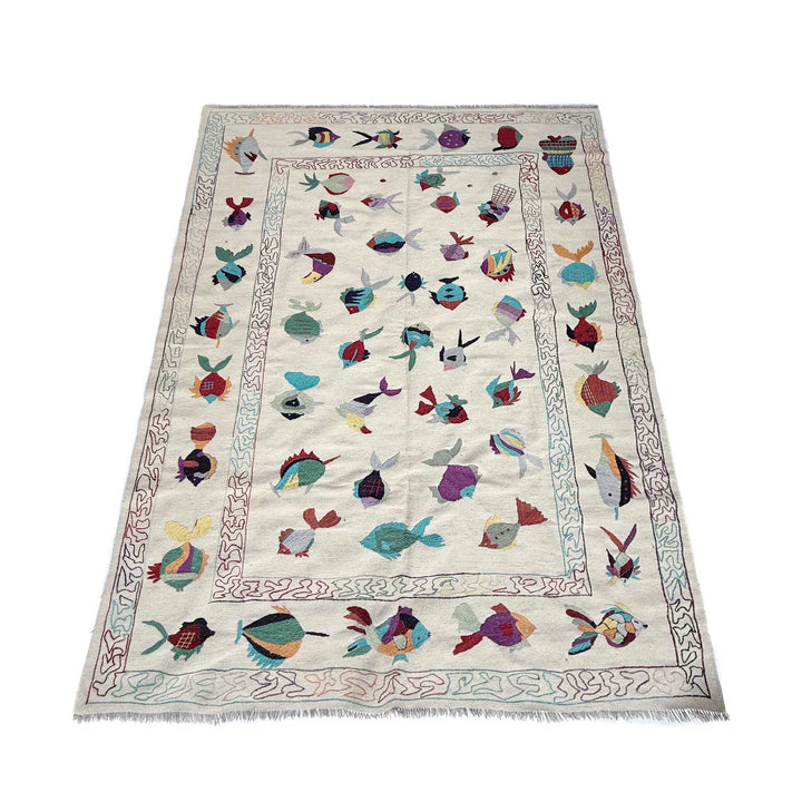 Beige Pakistani Embroidery Kilim Rug 6' 4" x 9' 10" Hand-Knotted | No. AL84891