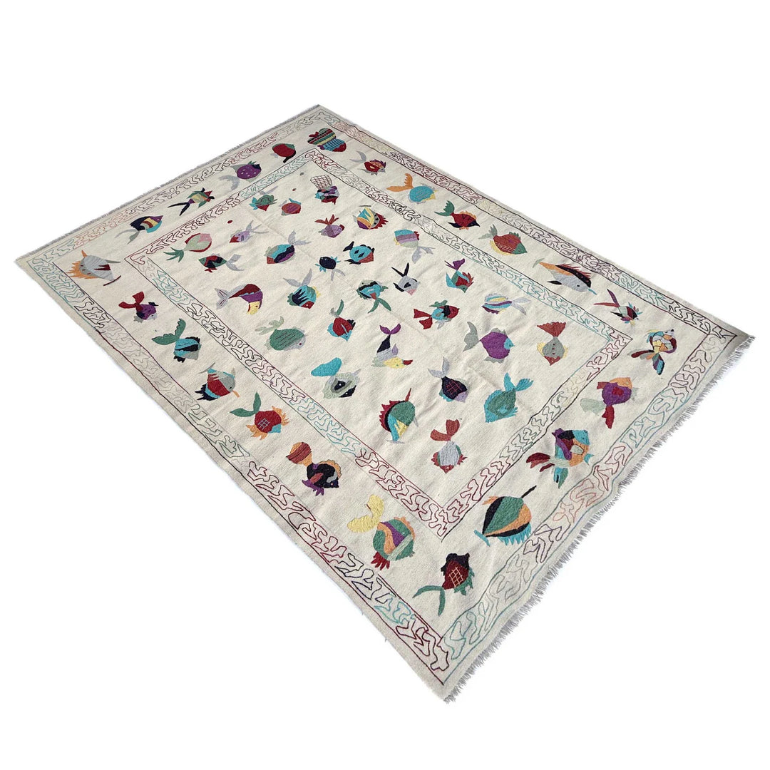 Beige Pakistani Embroidery Kilim Rug 6' 4" x 9' 10" Hand-Knotted | No. AL84891