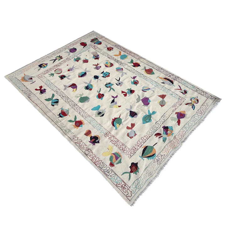 Beige Pakistani Embroidery Kilim Rug 6' 4" x 9' 10" Hand-Knotted | No. AL84891