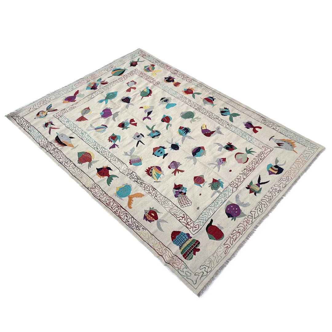 Beige Pakistani Embroidery Kilim Rug 6' 4" x 9' 10" Hand-Knotted | No. AL84891
