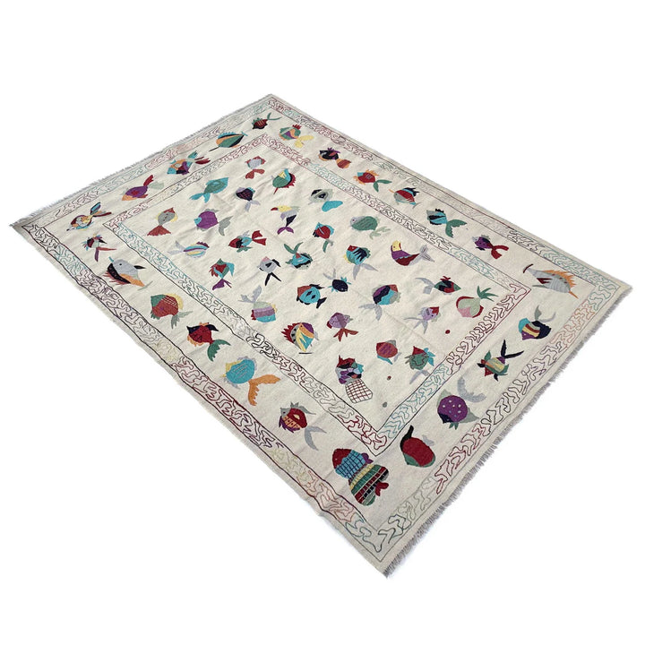 Beige Pakistani Embroidery Kilim Rug 6' 4" x 9' 10" Hand-Knotted | No. AL84891