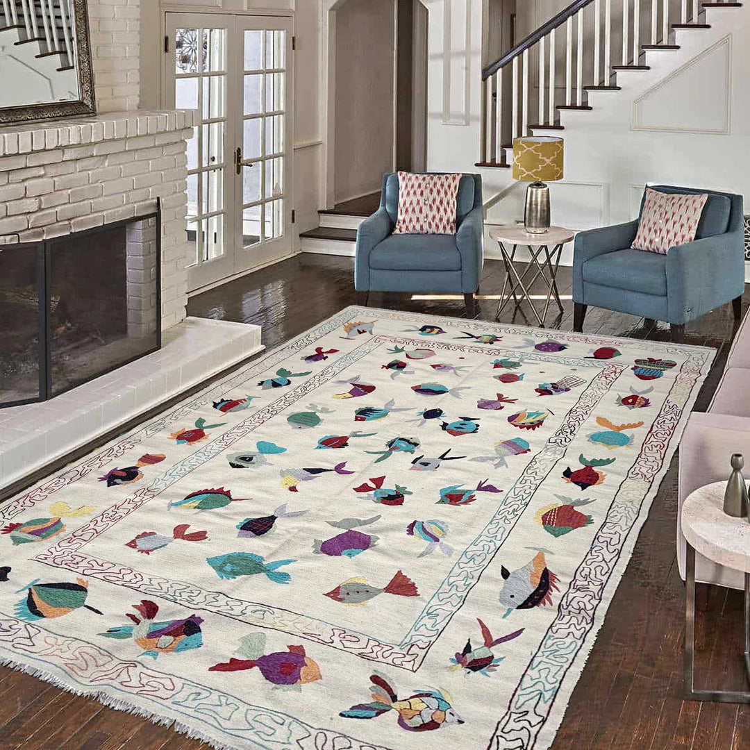 Beige Pakistani Embroidery Kilim Rug 6' 4" x 9' 10" Hand-Knotted | No. AL84891