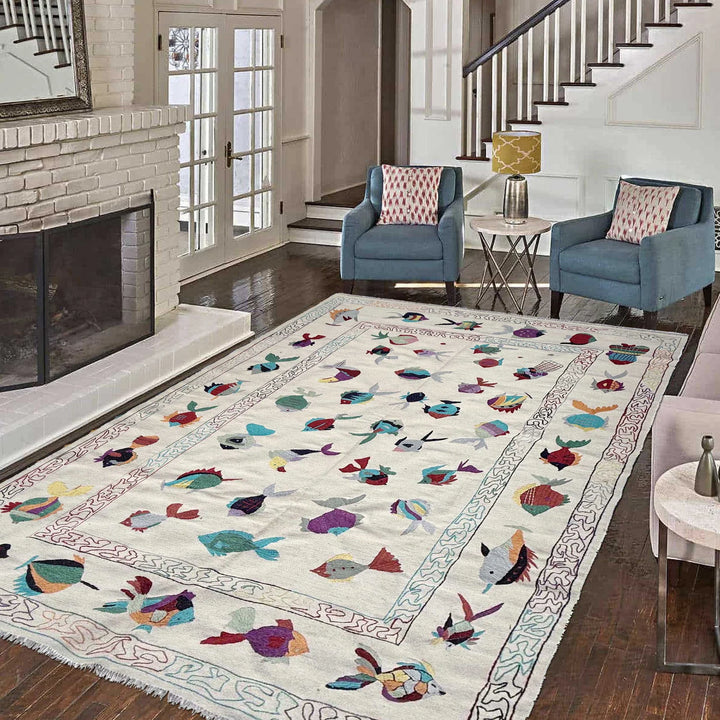 Beige Pakistani Embroidery Kilim Rug 6' 4" x 9' 10" Hand-Knotted | No. AL84891