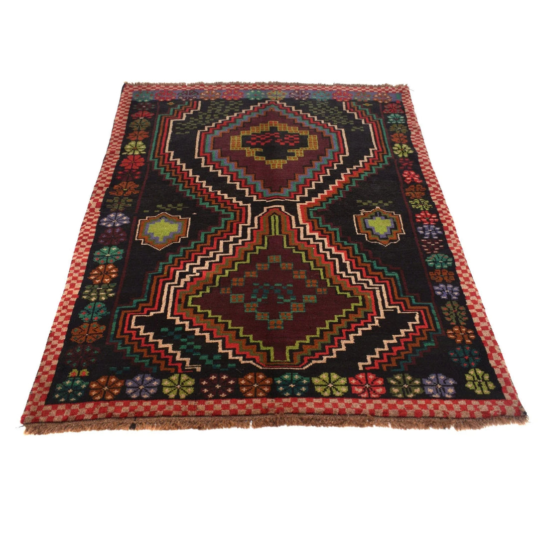 Black Afghan Baluchi Rug 4' 1" x 5' 11" Hand-Knotted | No. AL84951