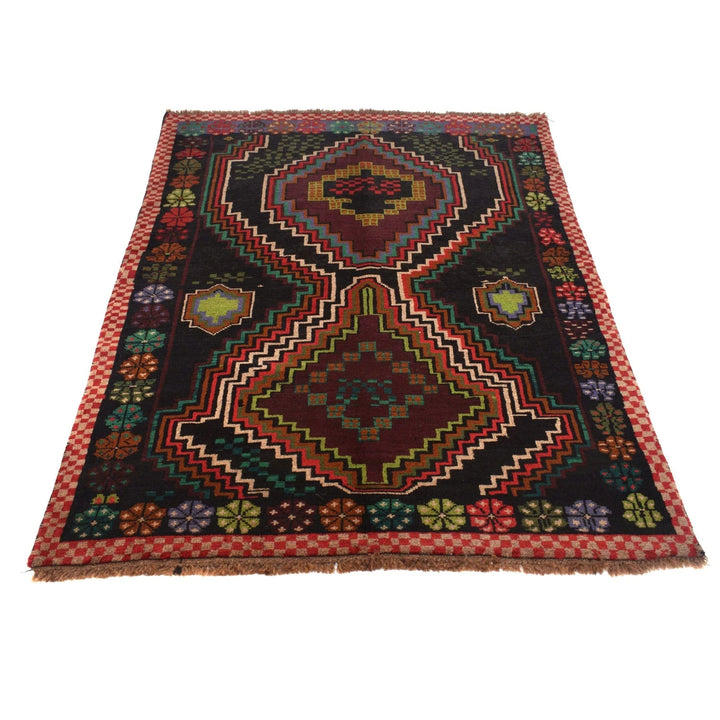 Black Afghan Baluchi Rug 4' 1" x 5' 11" Hand-Knotted | No. AL84951