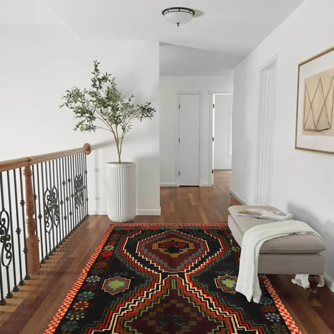 Black Afghan Baluchi Rug 4' 1" x 5' 11" Hand-Knotted | No. AL84951