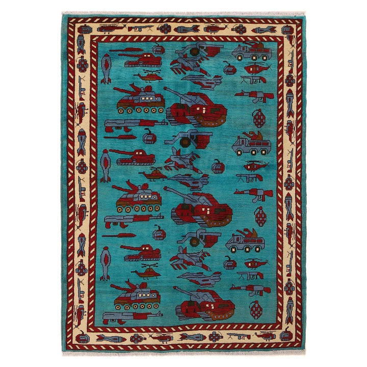 Blue Afghan War Rug 4' 2" x 5' 11" Hand-Knotted | No. AL85201