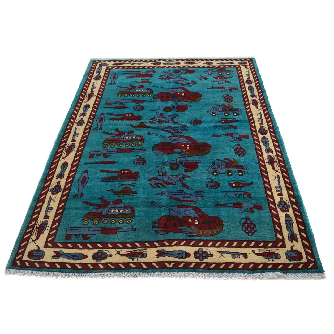Blue Afghan War Rug 4' 2" x 5' 11" Hand-Knotted | No. AL85201