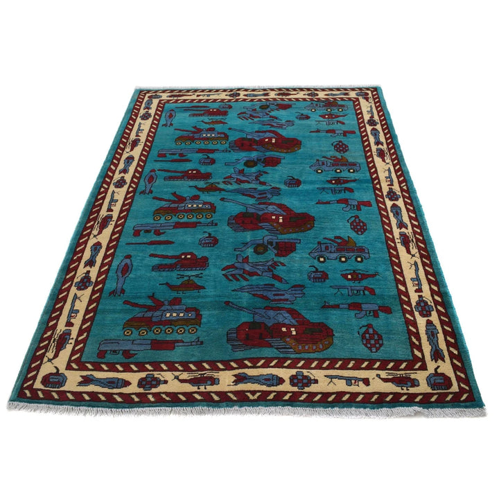 Blue Afghan War Rug 4' 2" x 5' 11" Hand-Knotted | No. AL85201