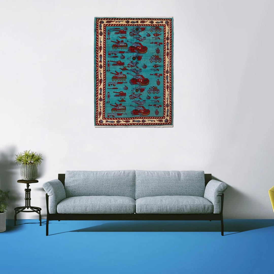 Blue Afghan War Rug 4' 2" x 5' 11" Hand-Knotted | No. AL85201