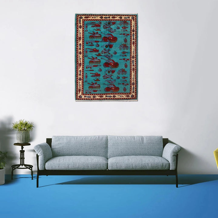 Blue Afghan War Rug 4' 2" x 5' 11" Hand-Knotted | No. AL85201
