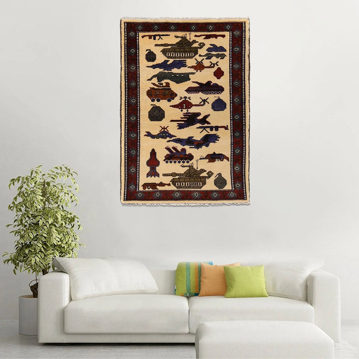 Ivory Afghan War Rug 2' 9" x 4' 0" Hand-Knotted | No. AL85294