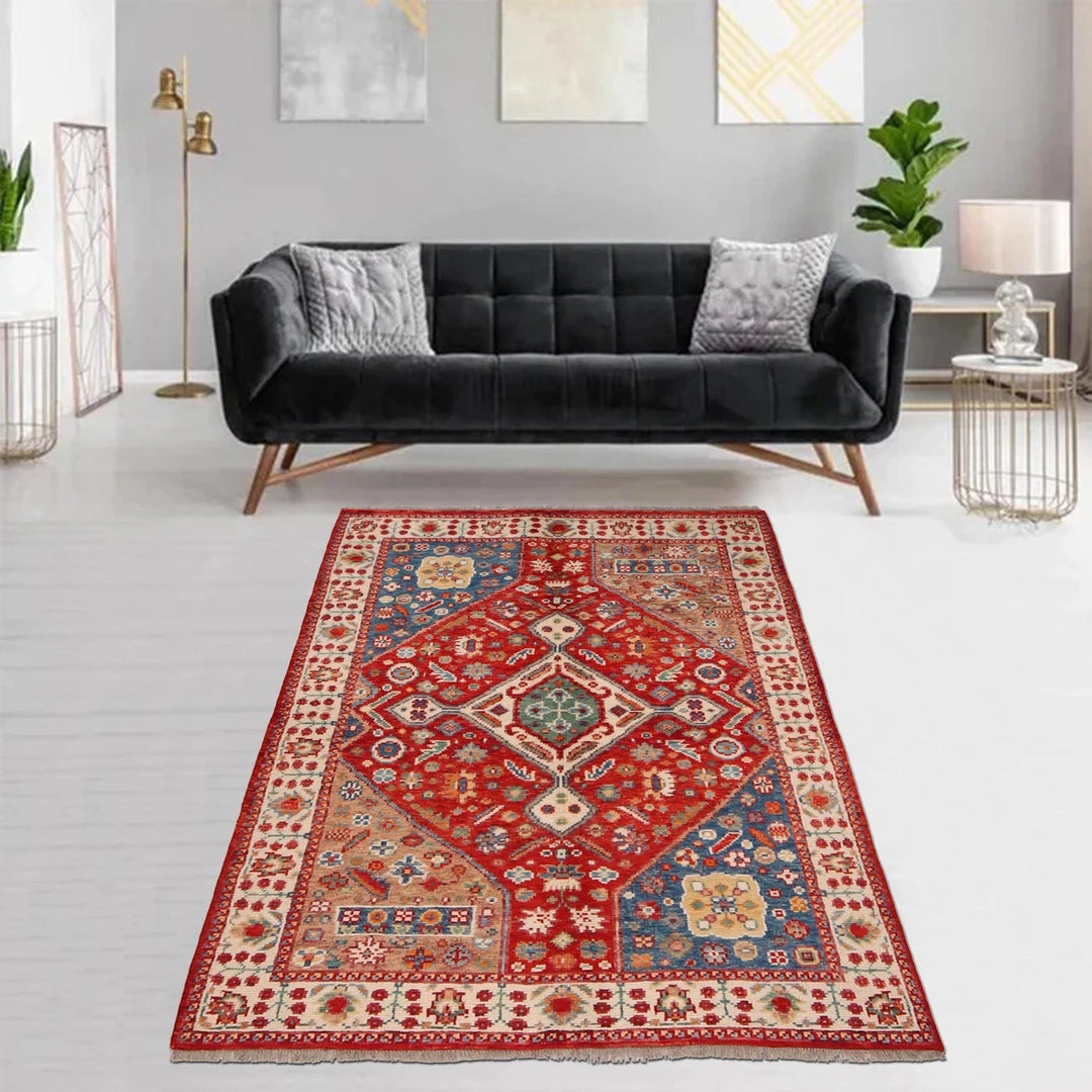 Red Afghan Shiraz Rug 3' 9" x 5' 8" Hand-Knotted | No. AL85380