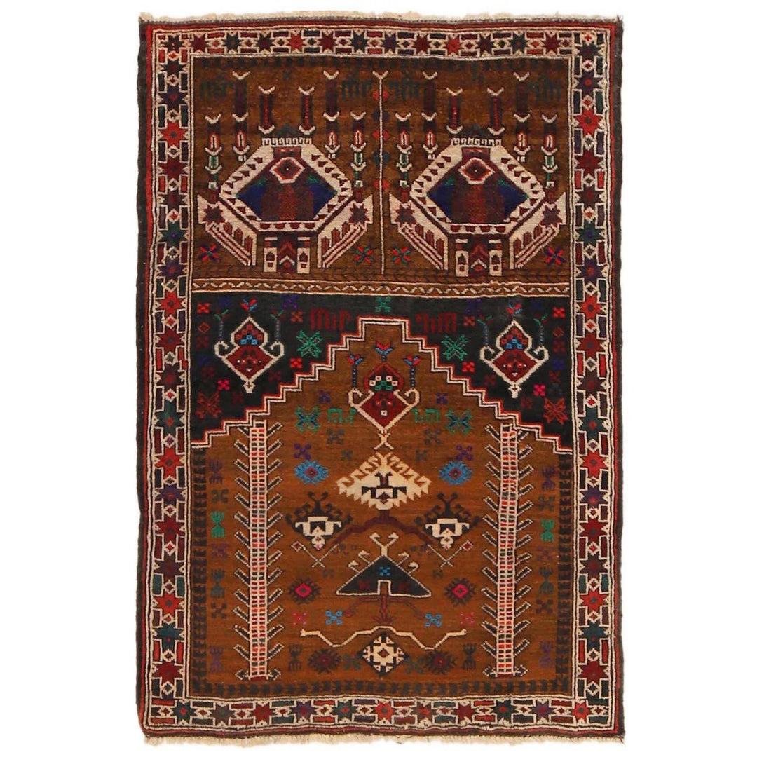 Brown Afghan Prayer Rug 2' 9" x 4' 0" Hand-Knotted | No. AL85444