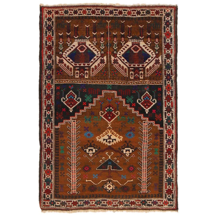 Brown Afghan Prayer Rug 2' 9" x 4' 0" Hand-Knotted | No. AL85444