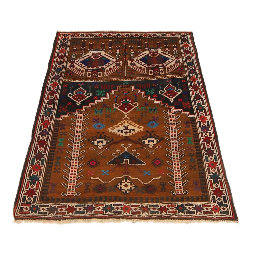 Brown Afghan Prayer Rug 2' 9" x 4' 0" Hand-Knotted | No. AL85444