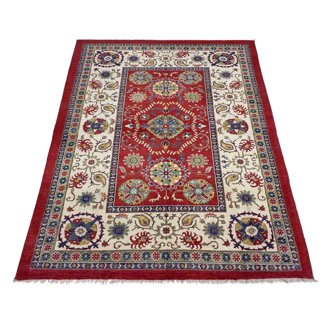 Red Afghan Kazak Rug 5' 10" x 8' 11" Hand-Knotted | No. AL85636