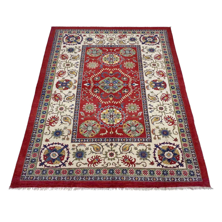 Red Afghan Kazak Rug 5' 10" x 8' 11" Hand-Knotted | No. AL85636