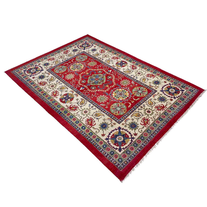 Red Afghan Kazak Rug 5' 10" x 8' 11" Hand-Knotted | No. AL85636