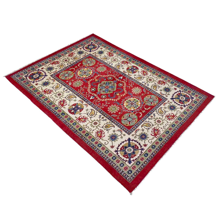 Red Afghan Kazak Rug 5' 10" x 8' 11" Hand-Knotted | No. AL85636