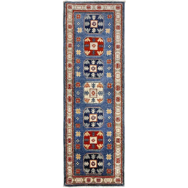Blue Afghan Kazak Rug 2' 1" x 6' 1" Hand-Knotted | No. AL85757