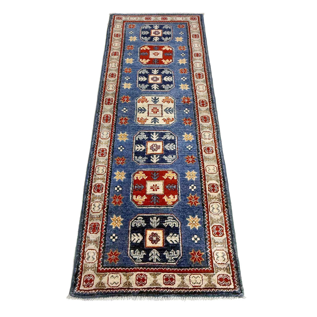 Blue Afghan Kazak Rug 2' 1" x 6' 1" Hand-Knotted | No. AL85757