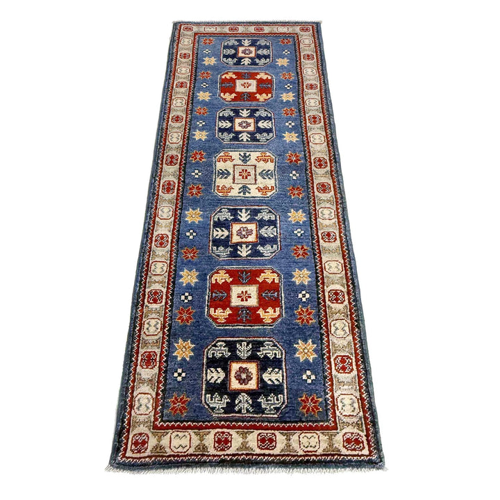 Blue Afghan Kazak Rug 2' 1" x 6' 1" Hand-Knotted | No. AL85757