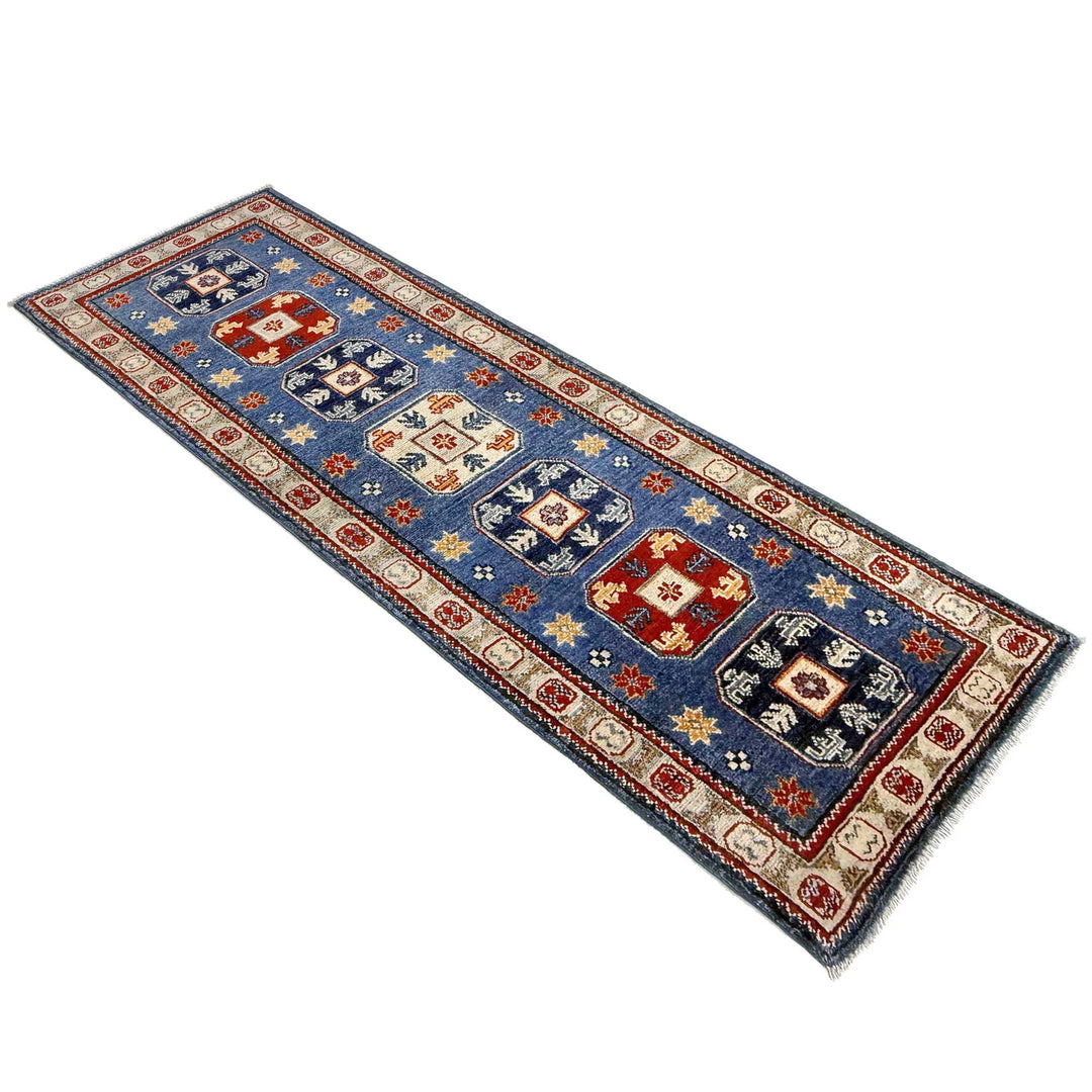 Blue Afghan Kazak Rug 2' 1" x 6' 1" Hand-Knotted | No. AL85757