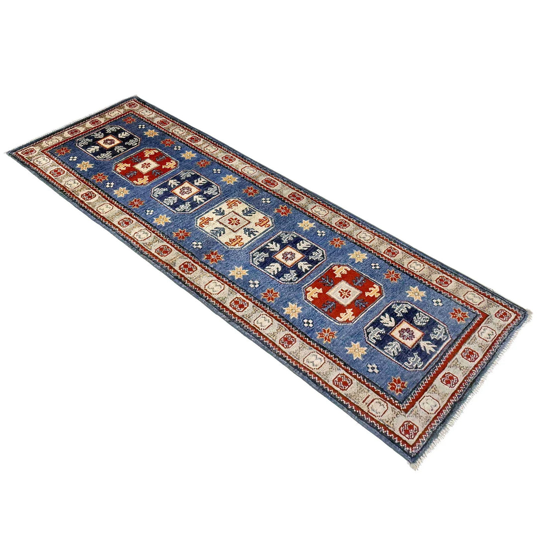 Blue Afghan Kazak Rug 2' 1" x 6' 1" Hand-Knotted | No. AL85757