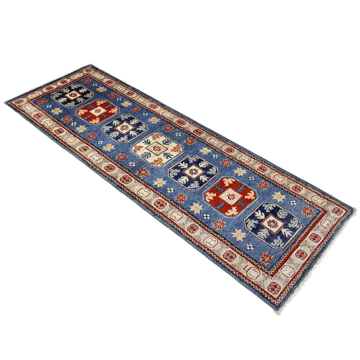 Blue Afghan Kazak Rug 2' 1" x 6' 1" Hand-Knotted | No. AL85757
