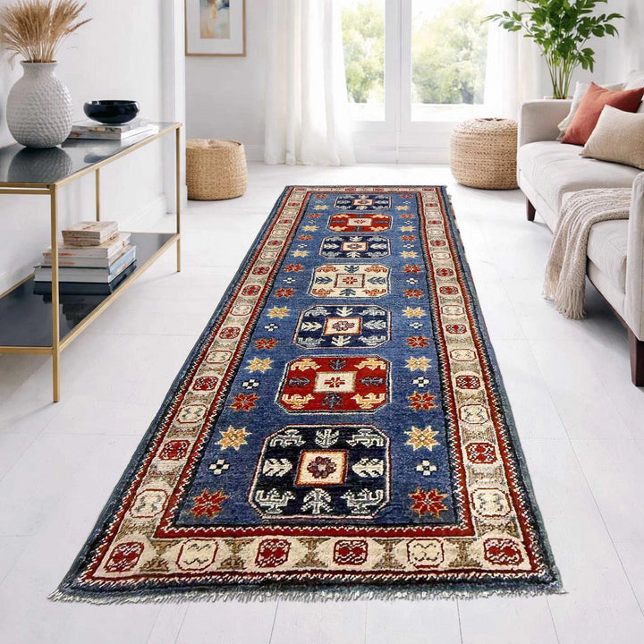 Blue Afghan Kazak Rug 2' 1" x 6' 1" Hand-Knotted | No. AL85757